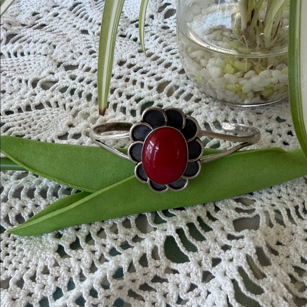 Handcrafted Red Flower Cuff Bracelet - Sterling-Style Accent